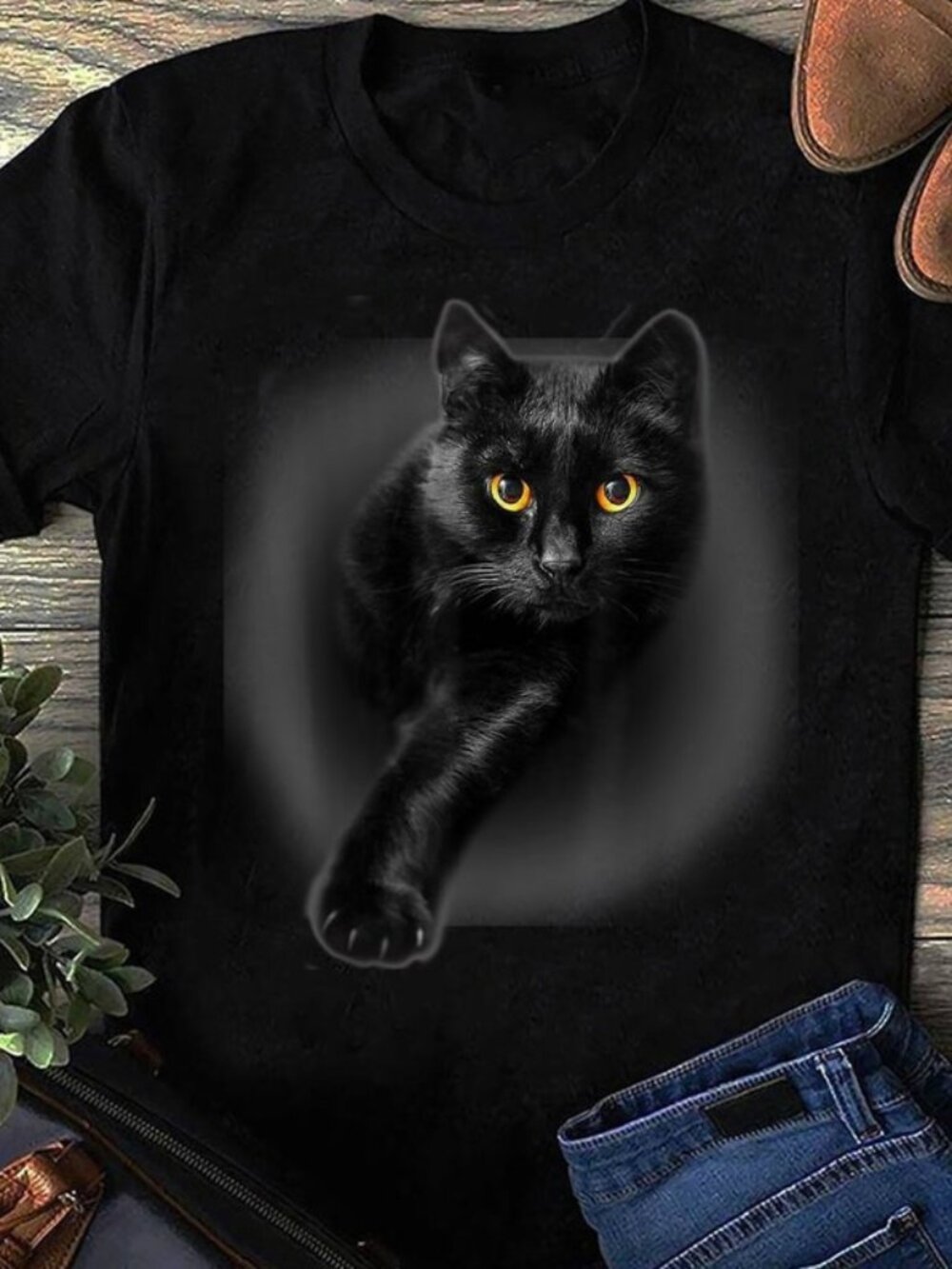 Black Cat Yellow Eyes T-Shirt, Unisex Cat Lover Gift